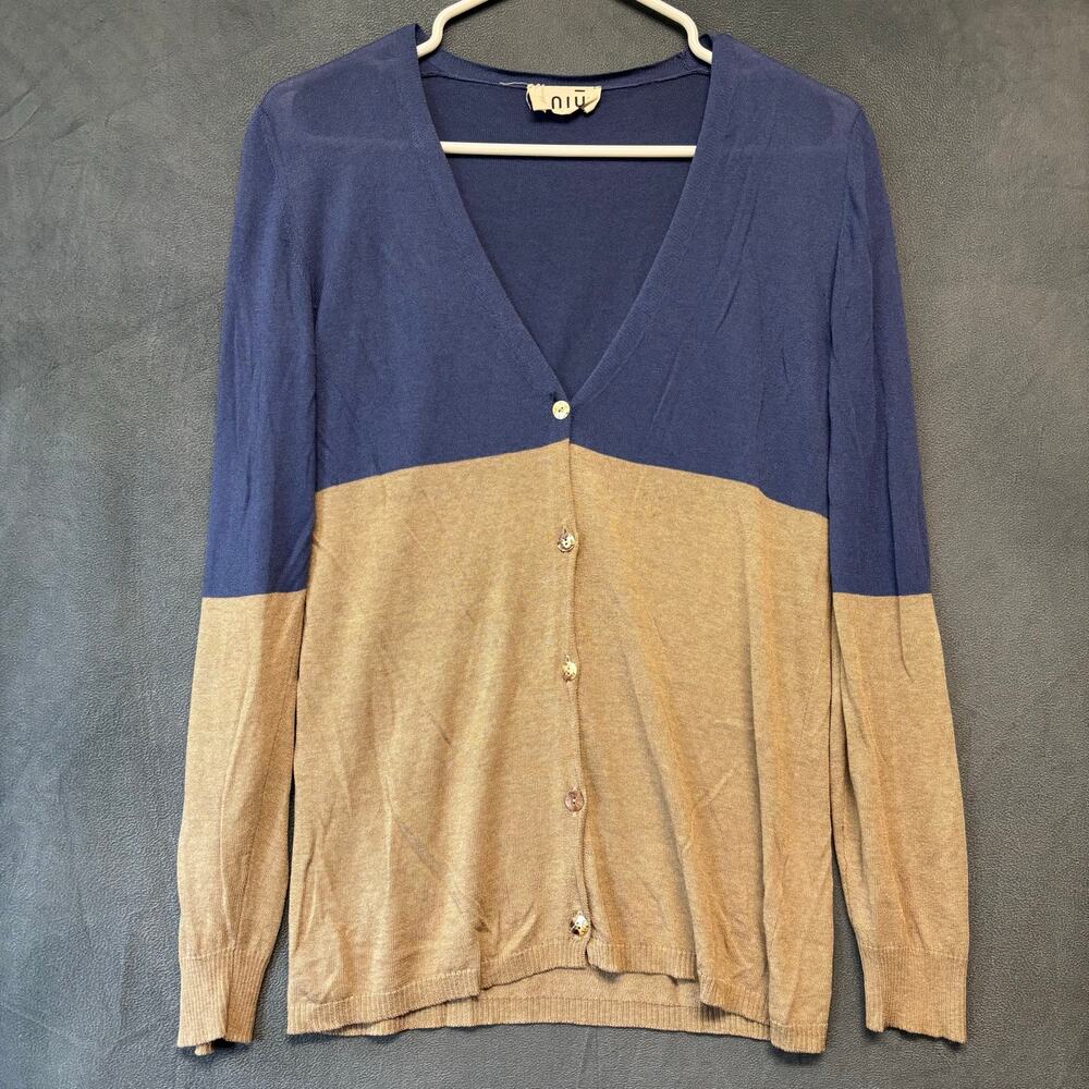 Niu Made in Italy Colorblock Cardigan Blue Tan V-Neck Medium Button Down Preppy